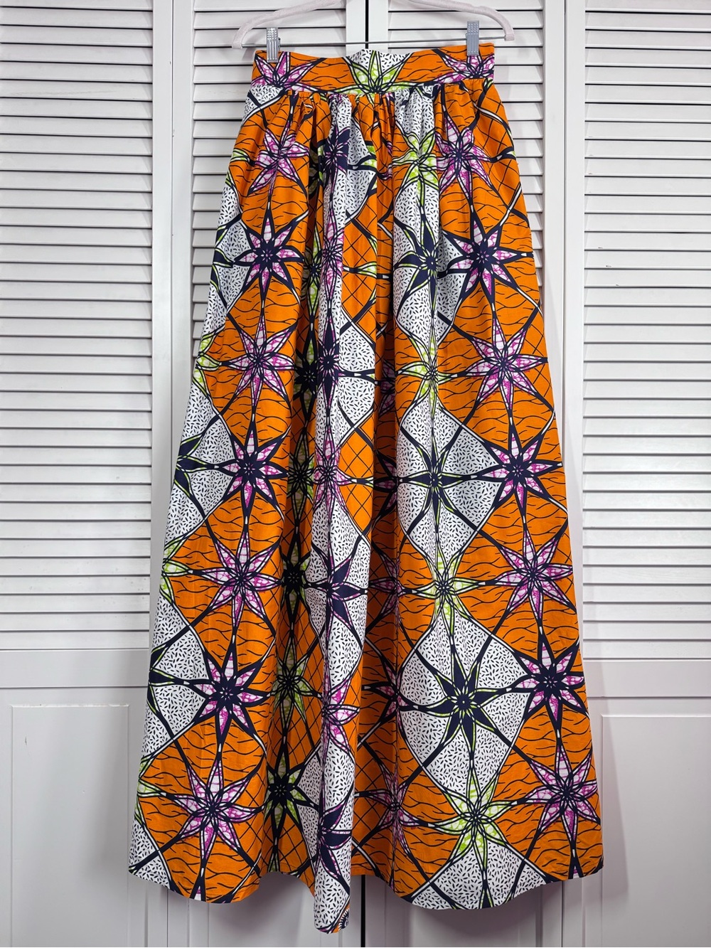 Chen Burkett New York Long Maxi Skirt African Print Orange Geometric Medium